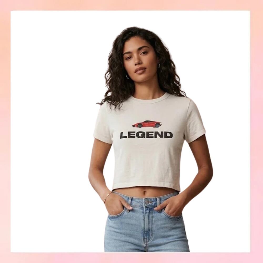 FOREVER 21 Off White Graphic Cropped Tee Red Sports Car Legend Size Medium